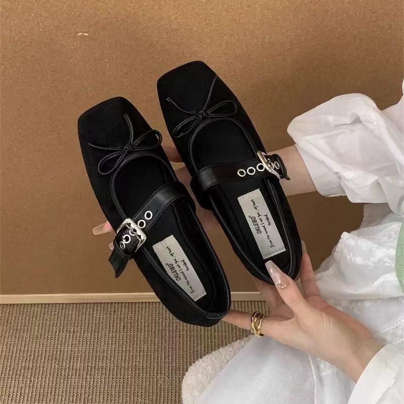 Women's Square Toe Shoes New Style Luxury Bow Flats Ladies Ballet Silver Belt Buckle Footwear Elegant Fashion Mary Jane Shoes