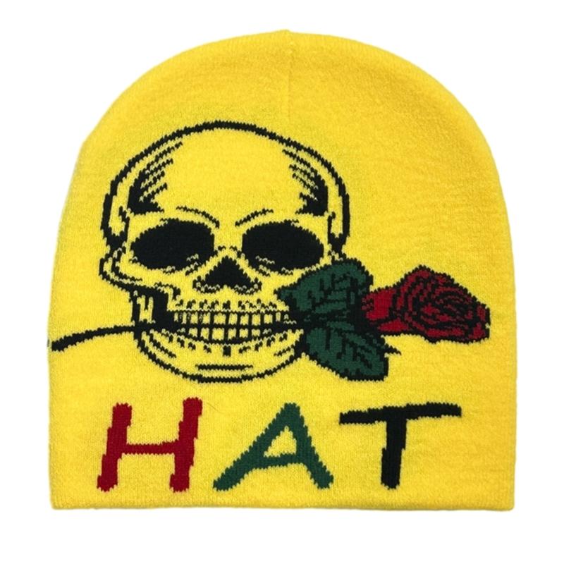 Teens Elastic Beanie Knit Skull Caps with Jacquard Skull&Rose Pattern Skiing Hat