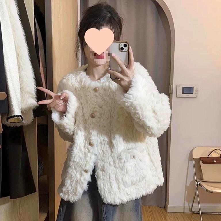 2025 Autumn/Winter Women's Petite Loose Lambswool Coat - Small Fragrance Style, Thickened Fur, Top Cotton Fabric.