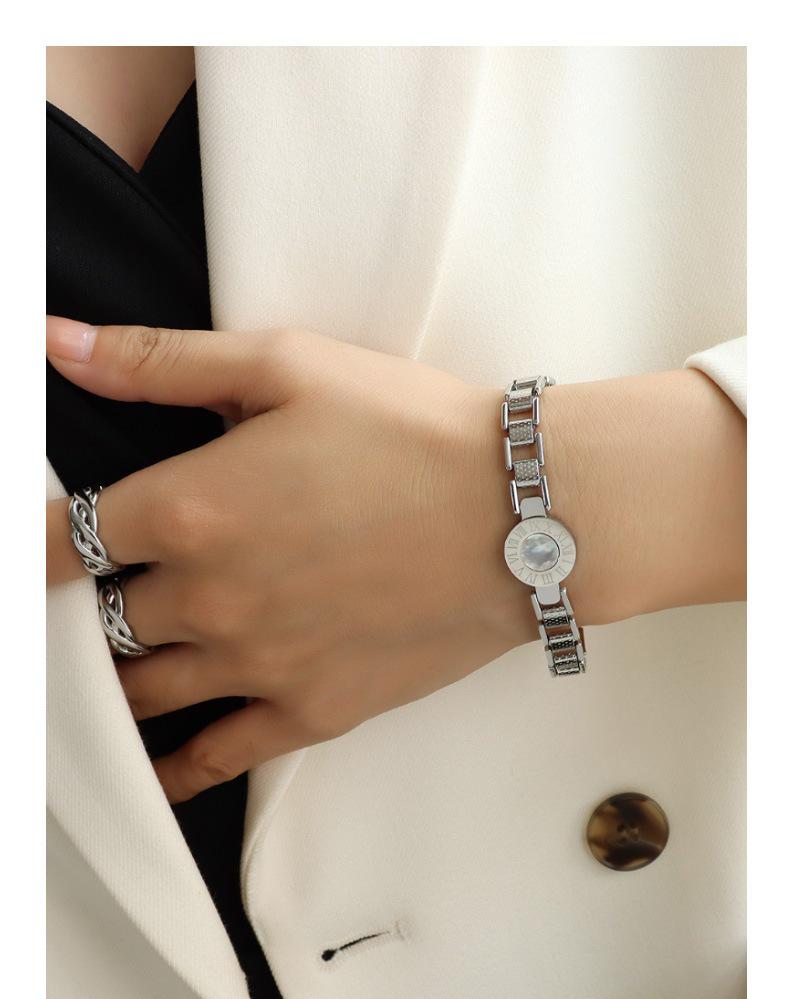 Roman Numeral Watch Face & Couple Shell Bracelet in Titanium Steel with 18K Gold Finish, Women's Friendship Jewelry E232