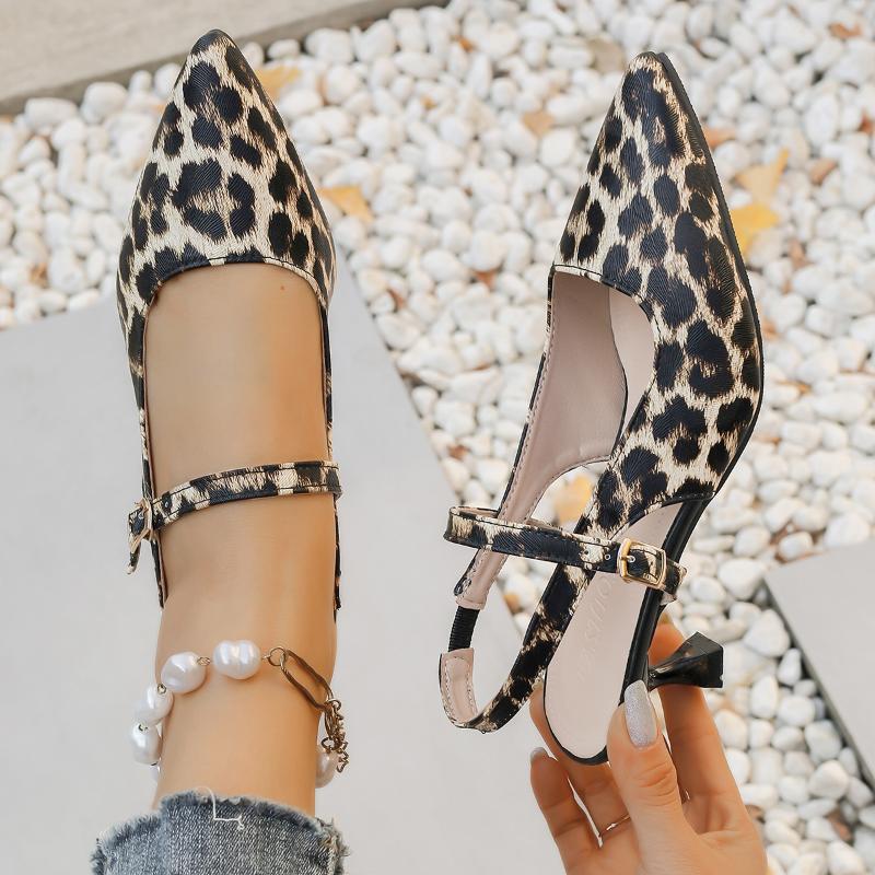 Fashion Leopard Heeled  Women Sandals Sexy Mid Heels Shoes Summer Trend 2025 Fad Pointed Toe Shallow Pumps Stilettos Buckle Ladies Shoes