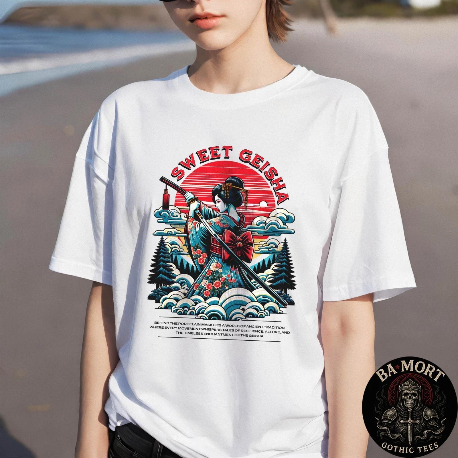 Samurai Woman Retro Sunset Streetwear 100% Cotton T-shirt Mens Tees Top 3XL