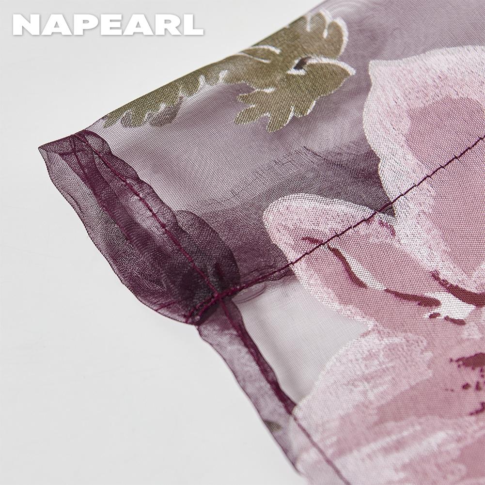 2PC NNAPEARL Modischer und vielseitiger kurzer Gaze-Vorhang mit lila Blumendruck für Küche, Schlafzimmer und Wohnzimmer, Heimdekoration