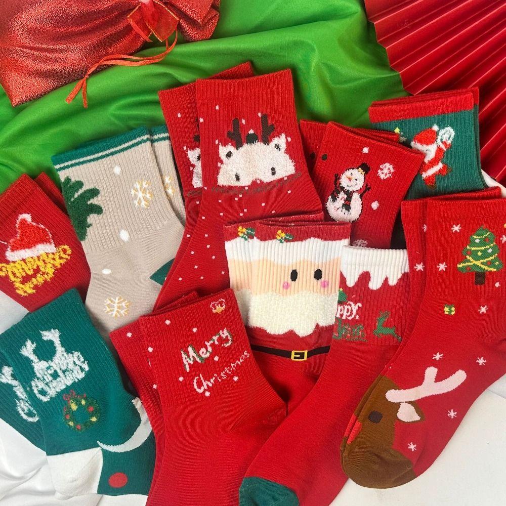 5Pairs Cartoon Christmas Socks Snowman Santa Claus Tube Sock High Ankle Socks Mid-calf Socks  Girl