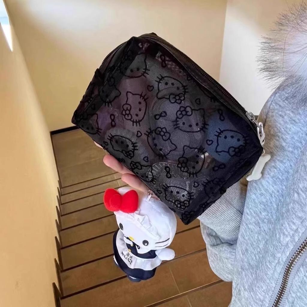 Cute Black Mesh Cosmetic Bag with Kitty Design, Portable Travel Makeup Organizer, Multi-functional Lipstick Pouch, Handheld Touch Up Bag