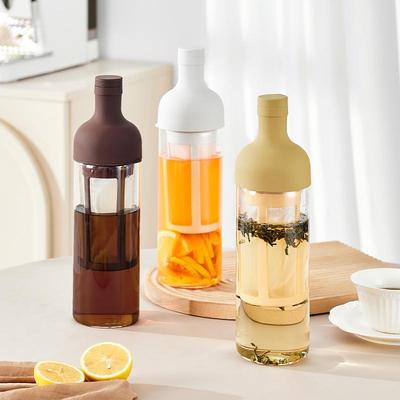 Glaskessel in Weinflaschenform: Hochborosilikatglas für kaltes Wasser, Handaufgusskaffee oder Früchtetee mit Sieb.