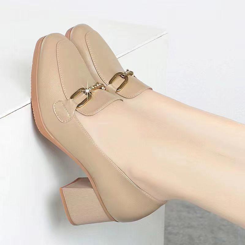 British style soft leather round head women's metal decoration low-top one-pedal thick-heeled women's shoes