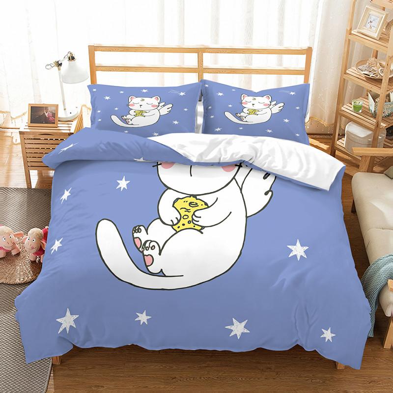 Cat Flowers King Queen Duvet Cover Cartoon Kitty Floral Bedding Set For Kids Lovely Animals Black 2/3pcs Polyester Quilt Cover