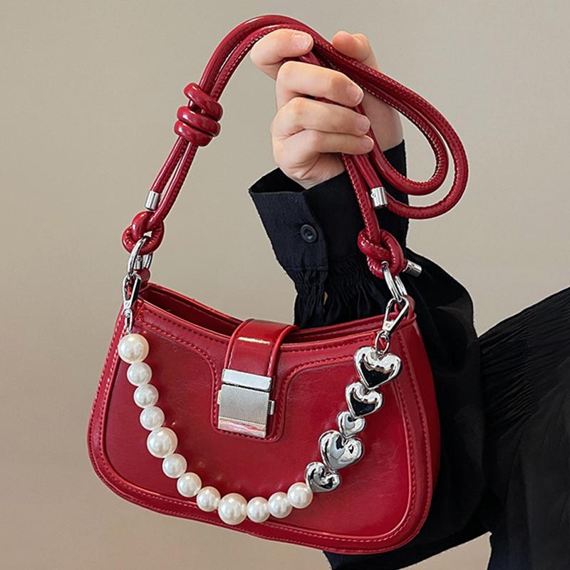 Retro Rote Perlenbesetzte Kleine Tasche für Damen Neue Einfache Einzelne Schulter Unterarmtaschen Mode Hochzeit Handtasche Pendler Umhängetasche