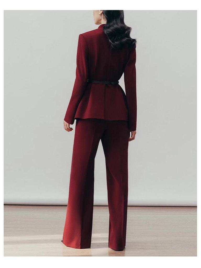 Women's Burgundy High-End Suit Set: Spring/Autumn 2025 Street Style with Wide-Leg Pants