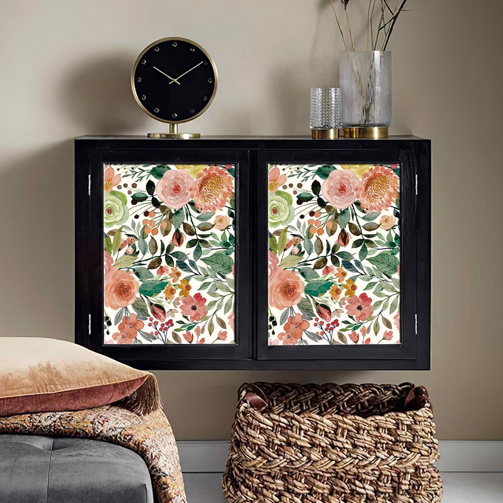 Pink Floral Peel And Stick Wallpaper Classic Green Leaves Watercolor Home Wall Decor Waterproof Flower Furniture Cabinet sticker