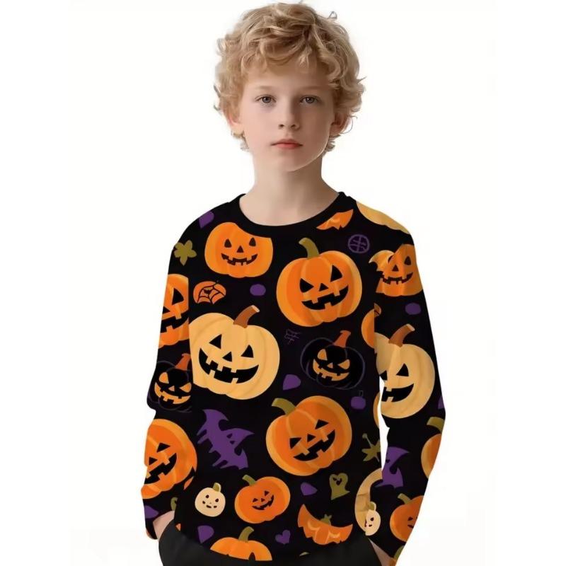 

Хэллоуин Мальчики Футболка Принт Тыква Осень Длинный Рукав Футболка Повседневный Детский Топ Уличная Удобная Детская Одежда 140
