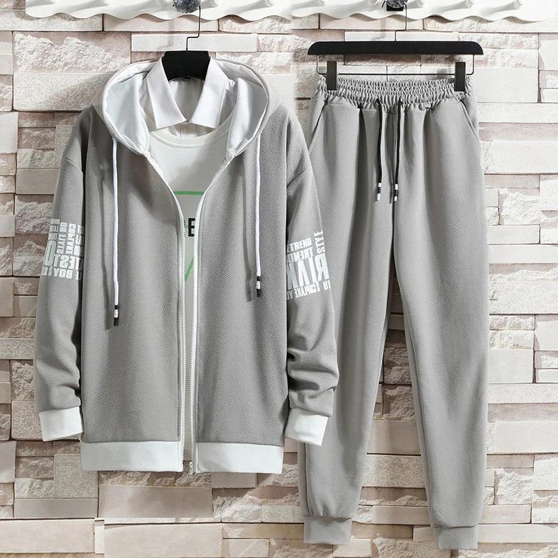 Ležérní pánský sportovní oblek volný střih mikina s kapucí, svetr, kalhoty, sada jaro podzimní sezóna stylový outfit