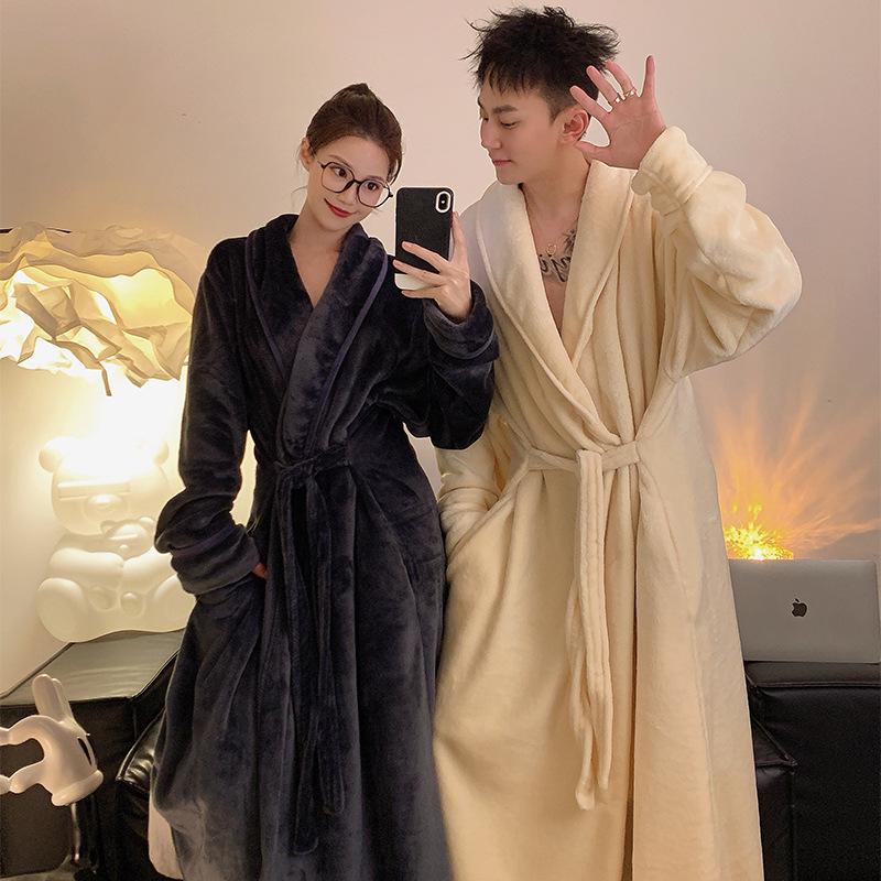 Spot Winter Coral Fleece Bathrobe for Women and Men - Thickened Extra Long Flannel Pajamas