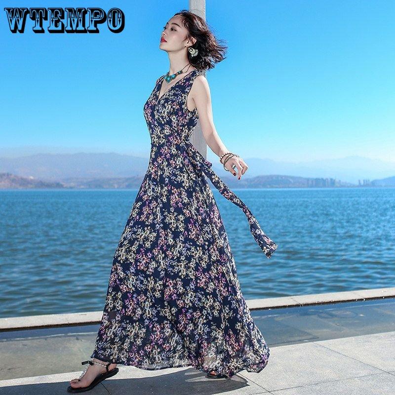 WTEMPO Women's Summer V-neck Dress Seaside Vacation Print Beach Dress Bohemian Waist Dress Loose Temperament Floral Dress Fairy Dress