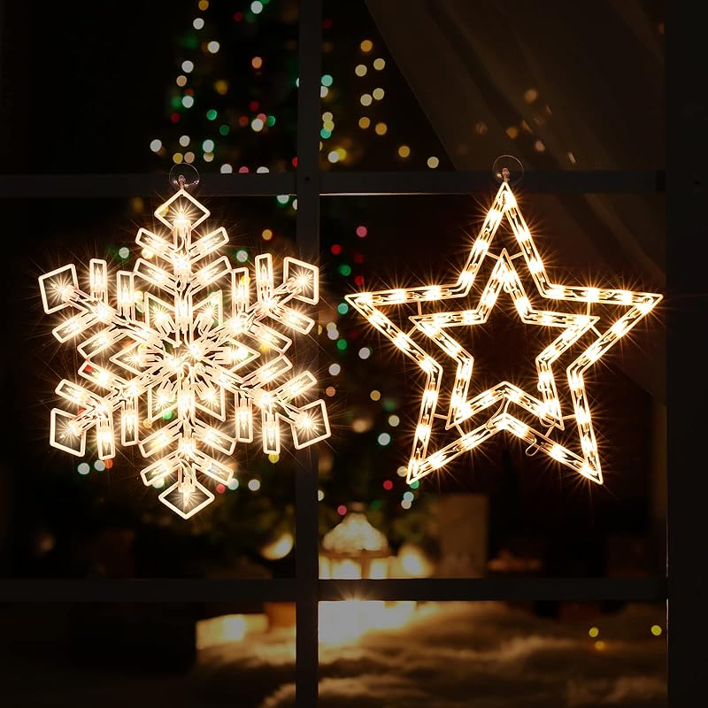 LAMPHOME Window Silhouette Lights Decorations Pack of 2 Lighted Candle and Candy Cane Christmas Window Light for Party,Home,Patio Lawn,Garden Star and Snowflake