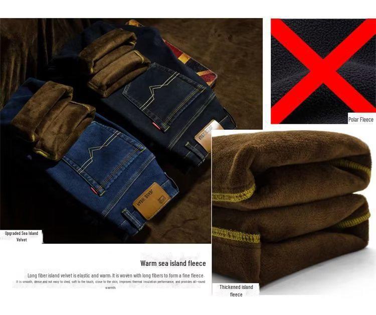 Men's Plush Thick Straight Jeans: Warm, Loose-Fit, Cold-Proof Outdoor Pants for Fall and Winter