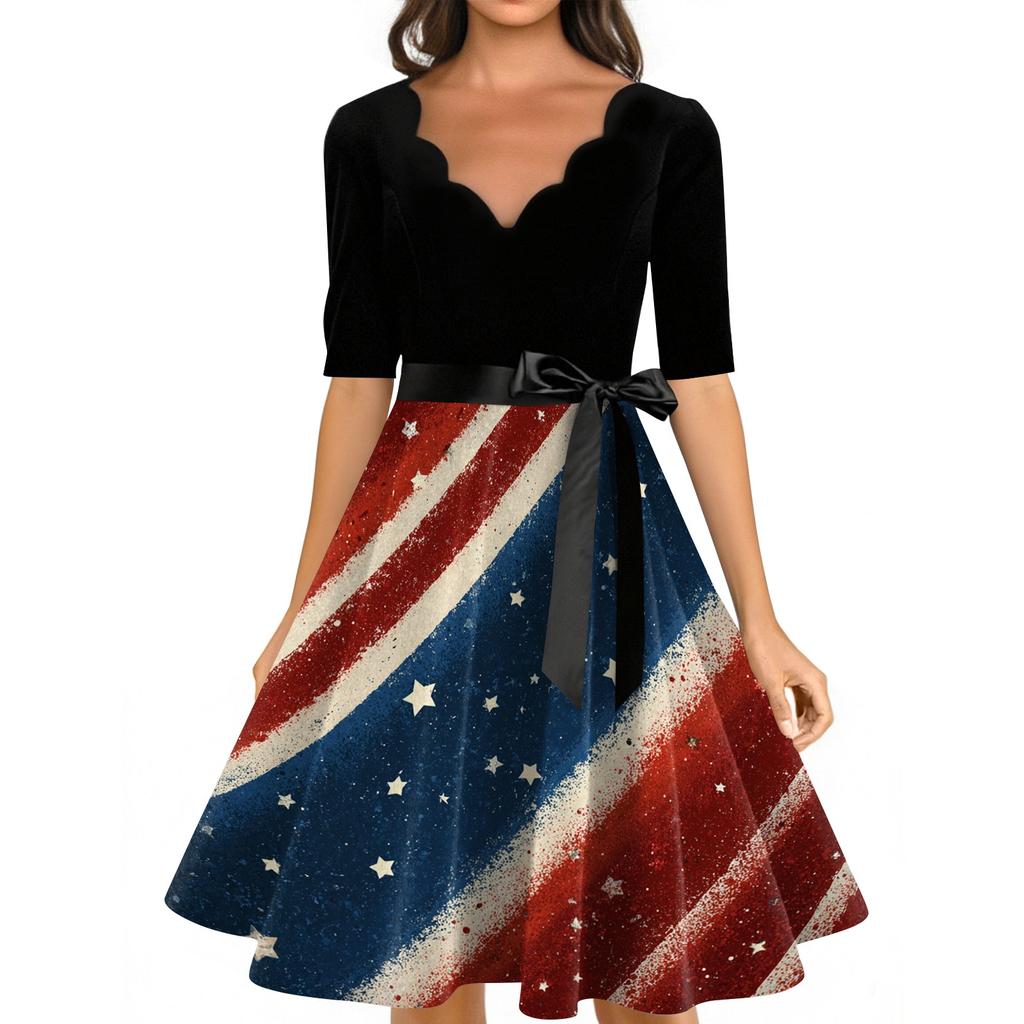 Women’s Vintage A Line Dress with Scalloped Neckline 34 Sleeve and Waistband Flag Print Skater Midi Dress