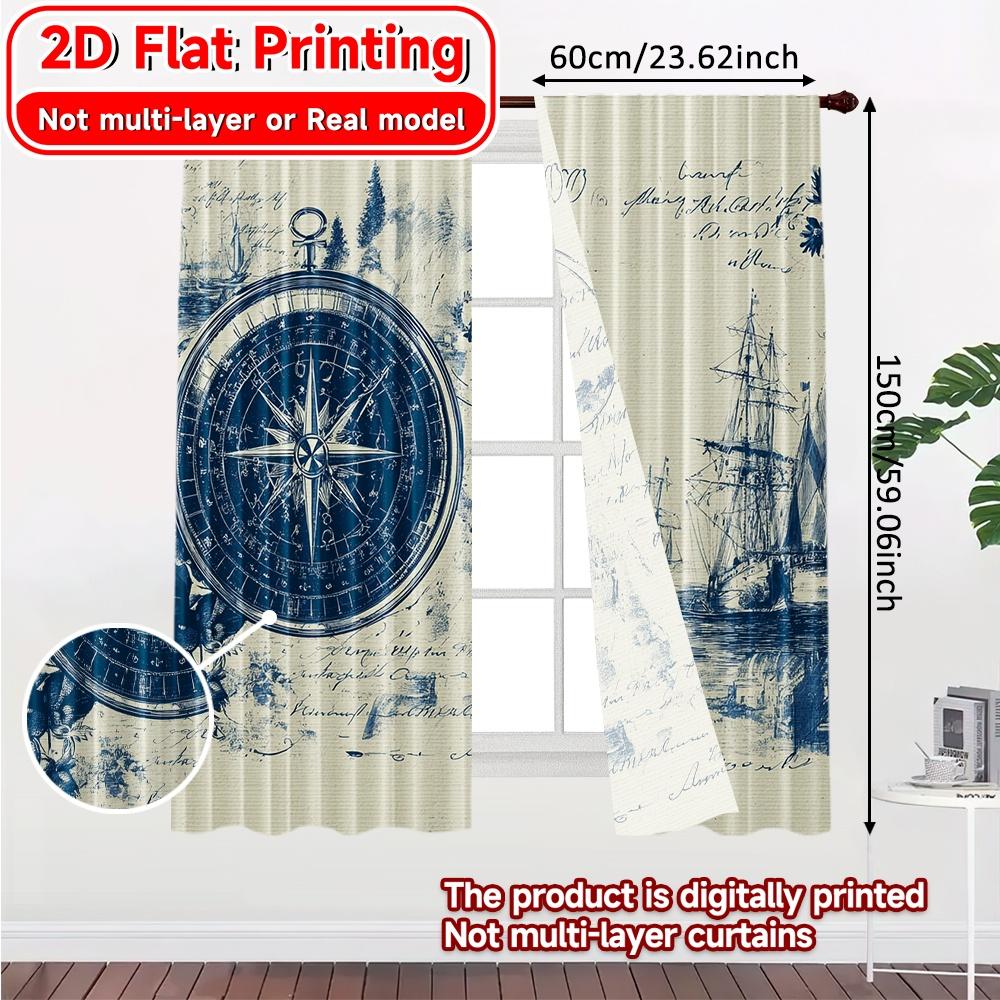 2D FLAT PRINTING 2pcs Curtains (Without Rod) Nautical Ships and Compass Design Modern Fashionable Curtainments during the