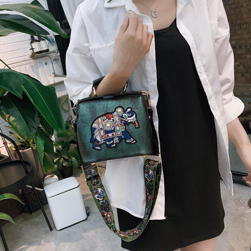 Tote Damenhandtaschen, Stickerei, Elefanten-Tasche, Taschen, böhmische Damen-Schulter-Crossbody-Tasche, weiches PU-Leder, breiter Schmetterlingsriemen