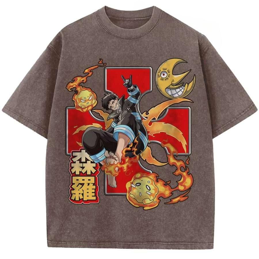 

Shinra Kusakabe Fire Force Anime Clothing Men Women Oversized T-shirts Vintage Washed T Shirt Casual Cotton Tshirt Harajuku Tops S коричневый