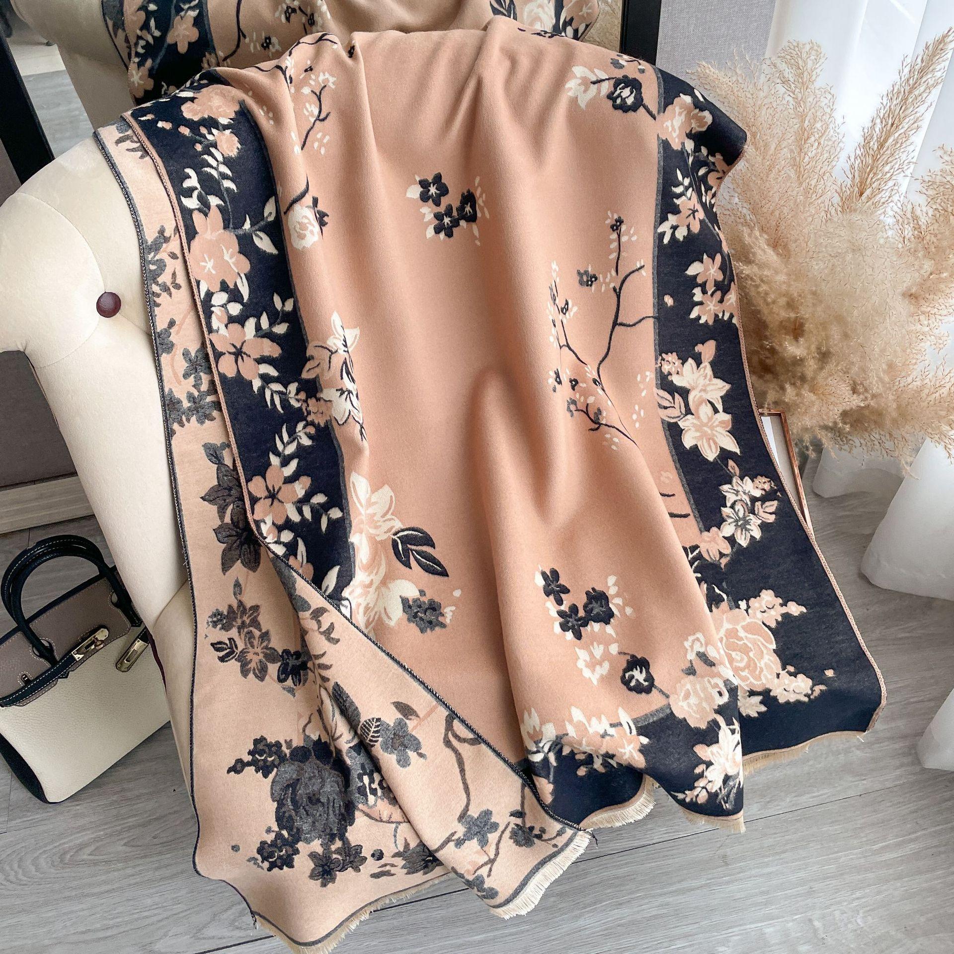 

Женский шарф под кашемир, ретро китайский стиль, цветочный, двусторонний платок, утолщенный теплый шарф 190*65cm