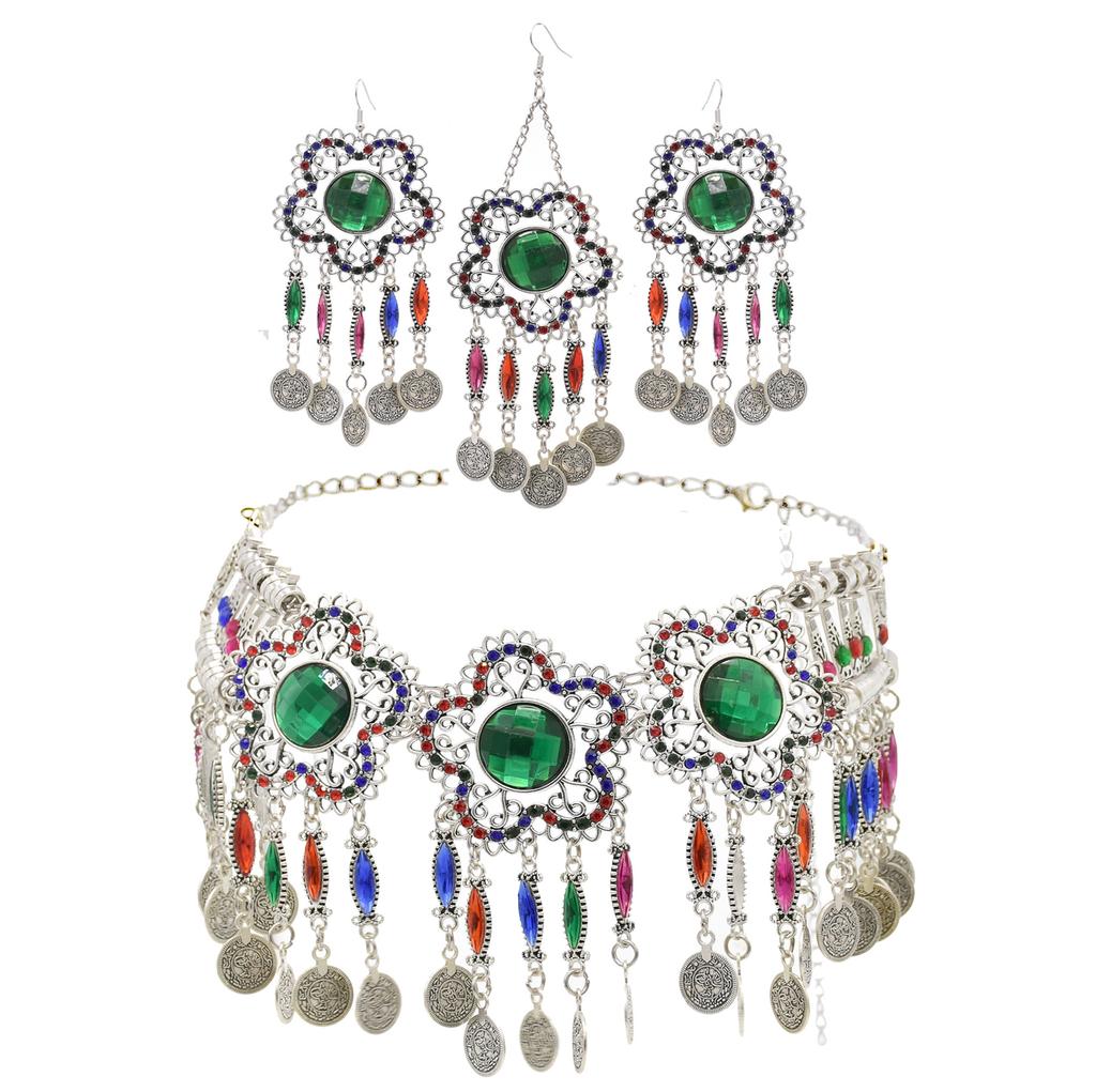 3pcs Indian Afghan Zircon Sets Necklace Earrings Hairbands for Women Boho Ethnic Coins Tassels Colorful Crystal Drop Accessory