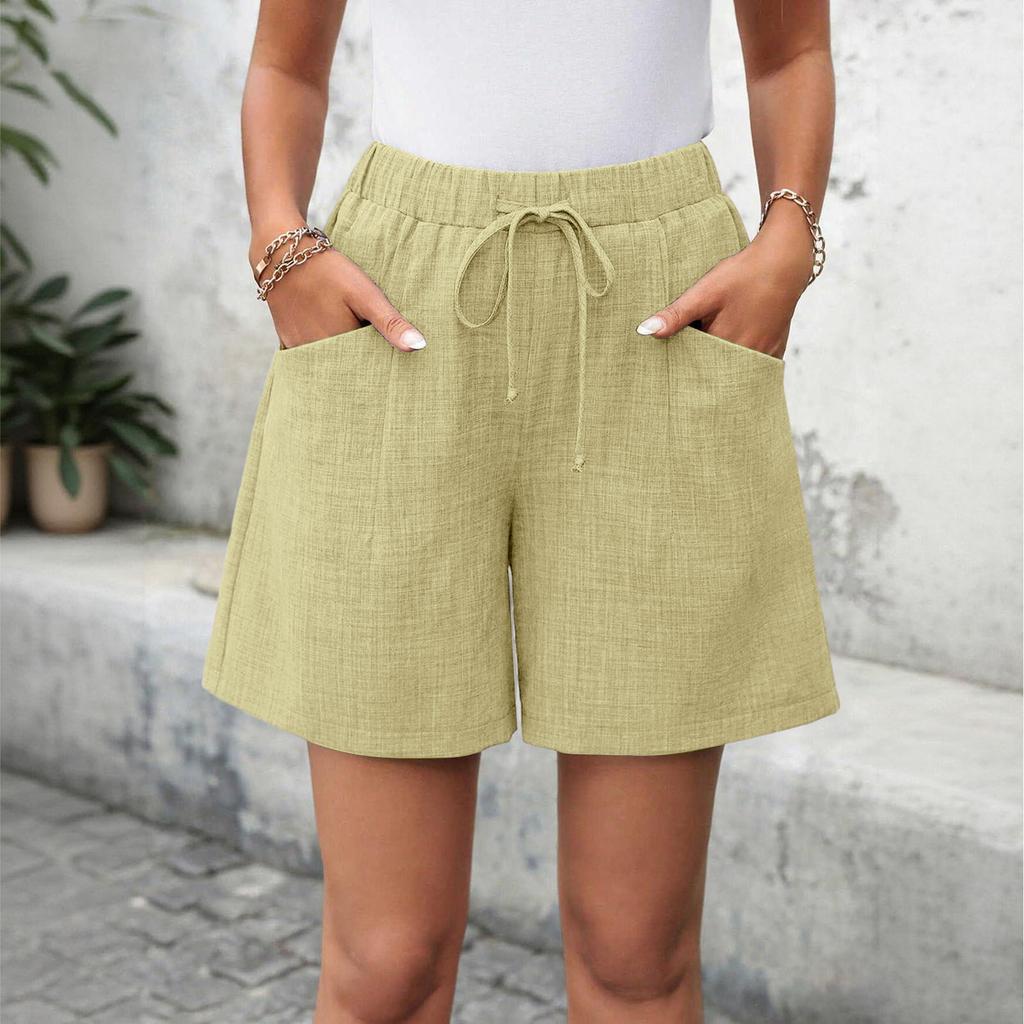 Women's Casual Linen Shorts Elastic Waisted Drawstring Summer Shorts With Pockets