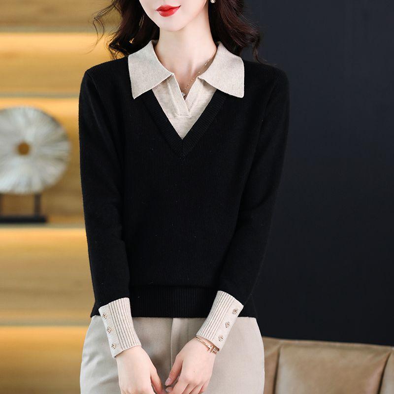 Autumn Winter Fake Two-piece Women Sweaters  Knitted Pullovers Jumper Female Sweater Casual Long Sleeve Knitwear