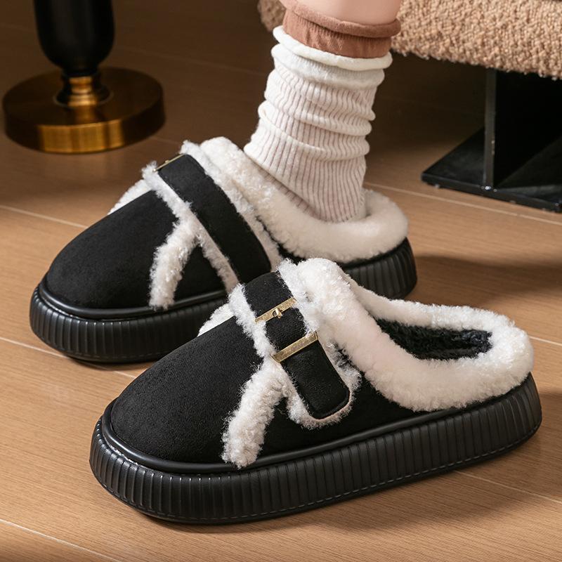Thick bottom plush warm cotton slippers winter home indoor plush thickened outer wear non-slip fashion buckle cotton mop
