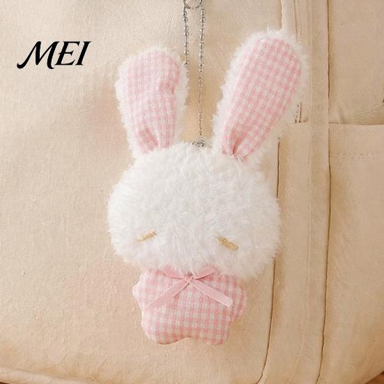 Fluffy Animal Pendant Ribbon Bow Rabbit Plush for Backpacks, Stuffed Plaid Ear Keychain Bunny Bag Charm, Soft Decoration Lightweight