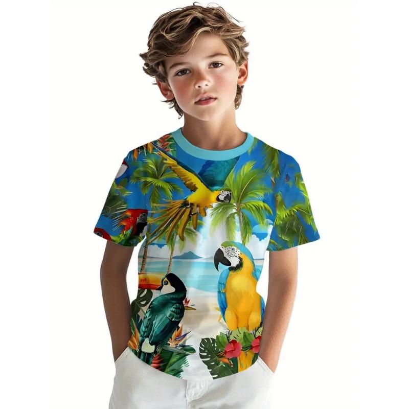 Kids Tropical Macaw Parrots Beach Print Short Sleeve T-Shirt Summer Animal Graphic Tee 110