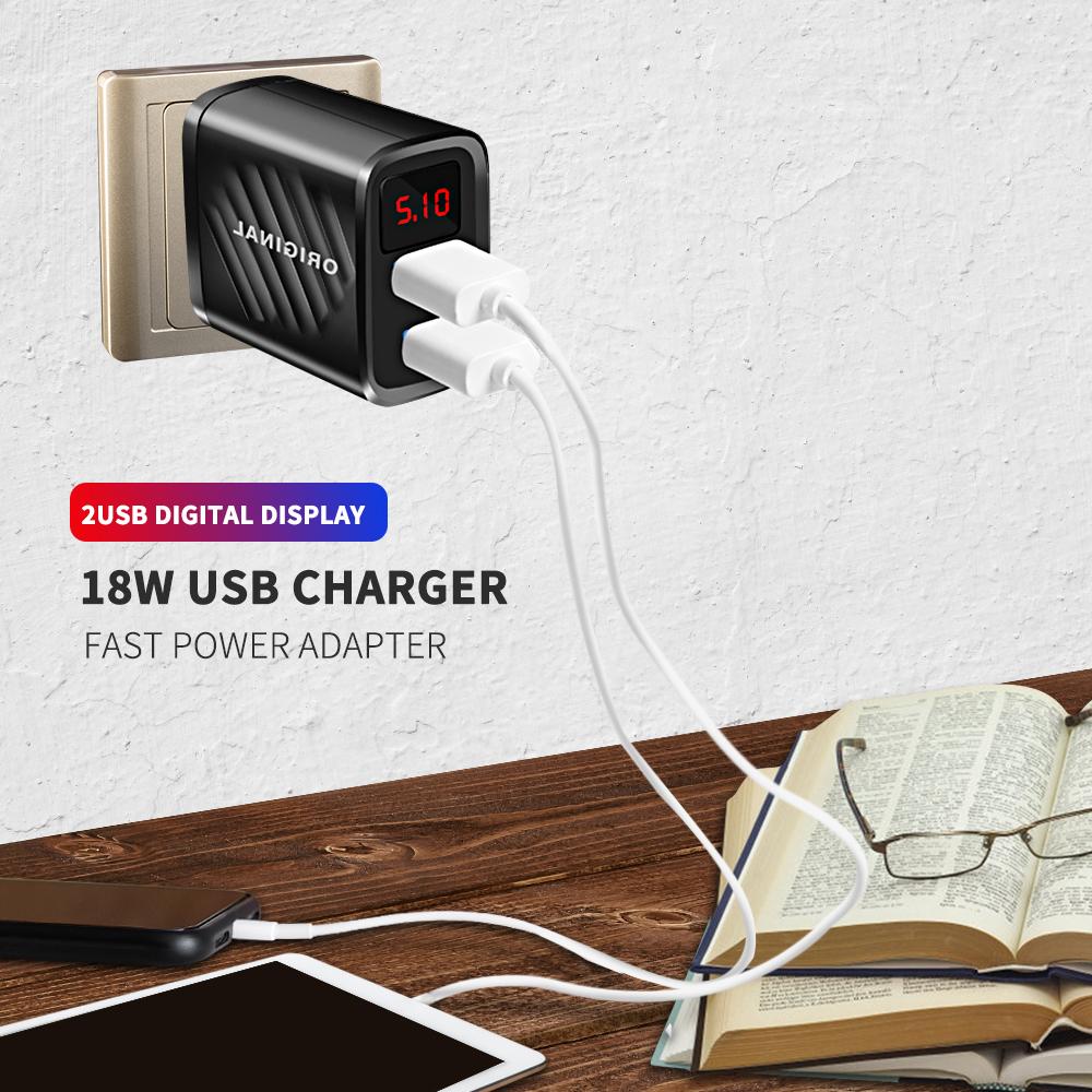 18W Dual USB Charger Quick Charge 3.0 2.4A Digital Diplay Fast Charging for iPhone Samsung Xiaomi Portable Phone Charger Adapter
