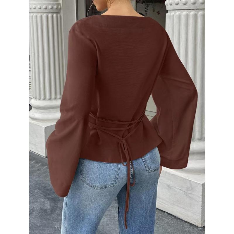 Damen S Einfarbiges Bootausschnitt Ausgestellte Lange Ärmel Schlank Geschnittenes T-Shirt Für Herbst Winter