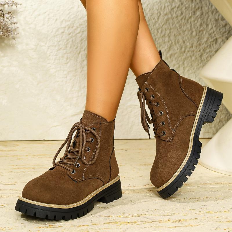 Round Toe Booties 2025 Winter New Lace-up British Style Plus Size Platform Martin Boots for Women