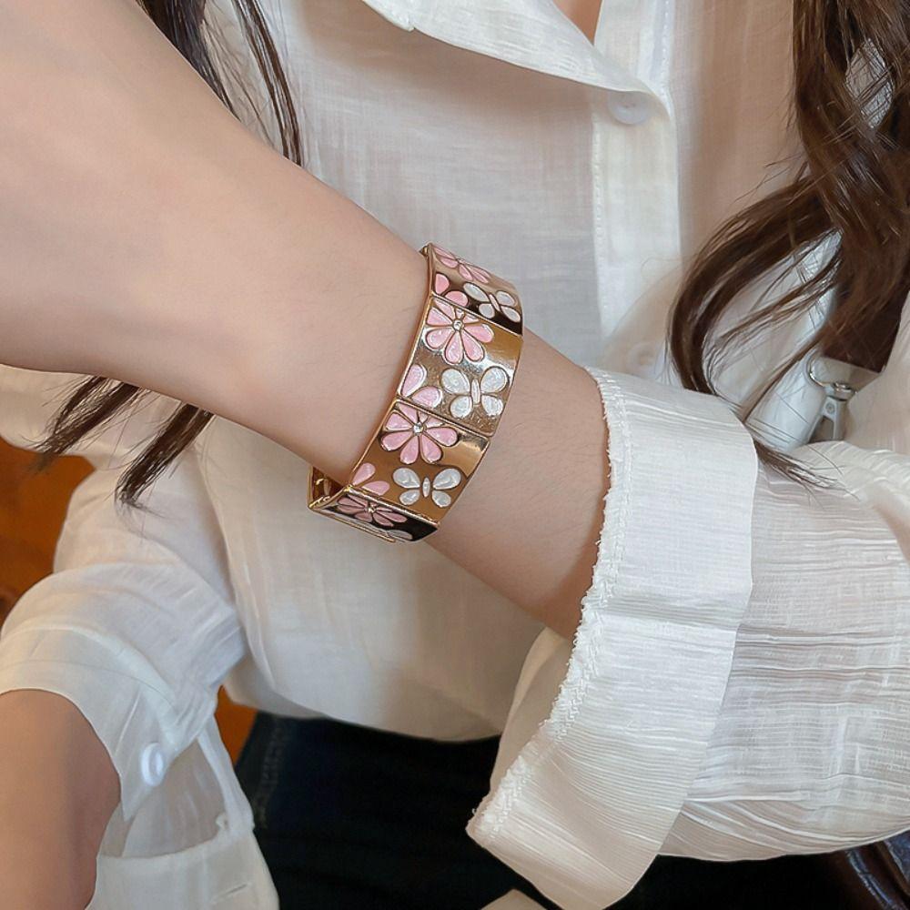 Metal Geometric Square Bangle Gold Elastic Bangles Drip Oil Flower Bracelet  Jewelry Accessories