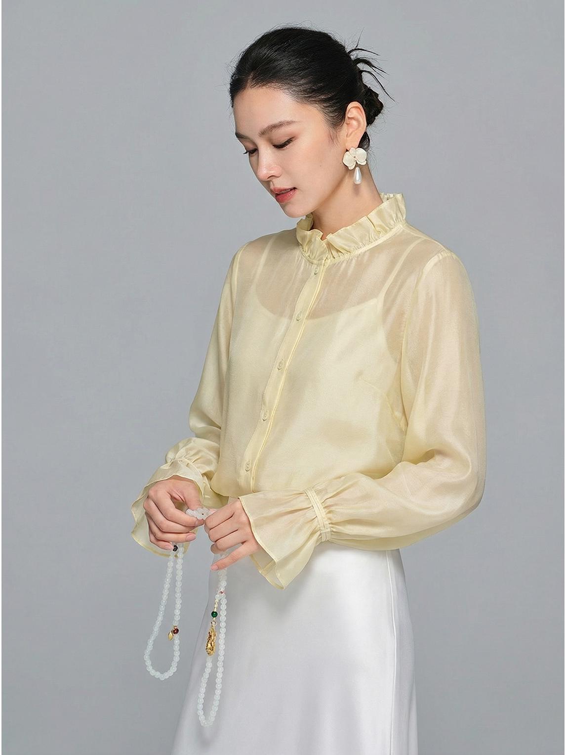 

Elegant Chinese Style Soft Silk Ruffled Long Sleeve Top for Women XL світло-зелений колір