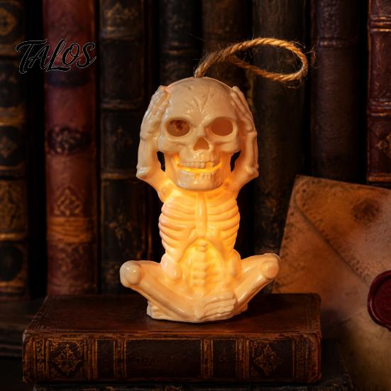 Hanging Skeleton Decor with Lanyard Halloween Decoration LED Light, Spooky Lighted Plastic Skull Party Table Centerpiece Ornament Rope for Haunted