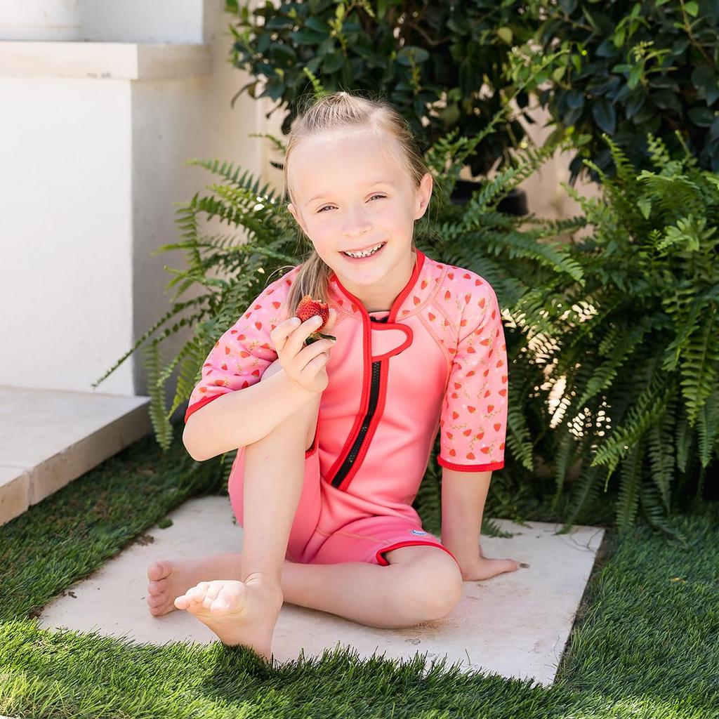 Splash About Kids' Shorty Wetsuit, Warm and UV Protection, Front Zipper, Long or Short Sleeve, for Boys and Girls, Ages 2-4, Strawberry Field Design