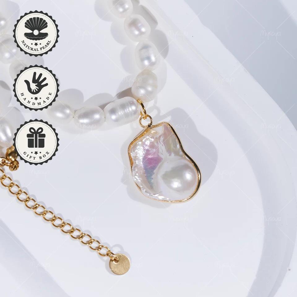 MYSOYA 7-8mm Baroque White Freshwater Pearl Necklace 14in