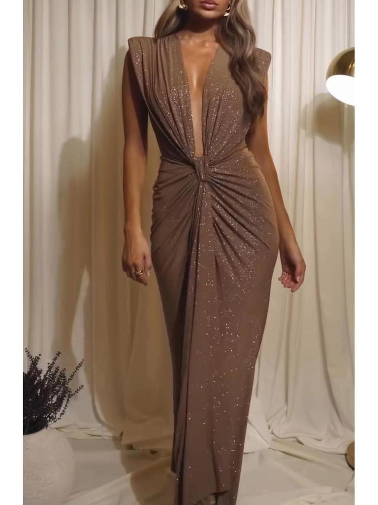 2024 European and American Deep V Pleated Flash Fabric High-End Dress