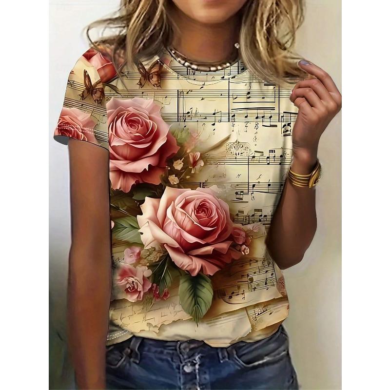 Women s T Shirt Print Floral Casual Short Sleeve Round Neck Regular Tops Daily Yellow Purple Summer S