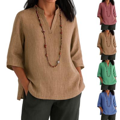 Women's Fashion Casual V,neck Cuff Cotton Linen Loose Casual Shirt
