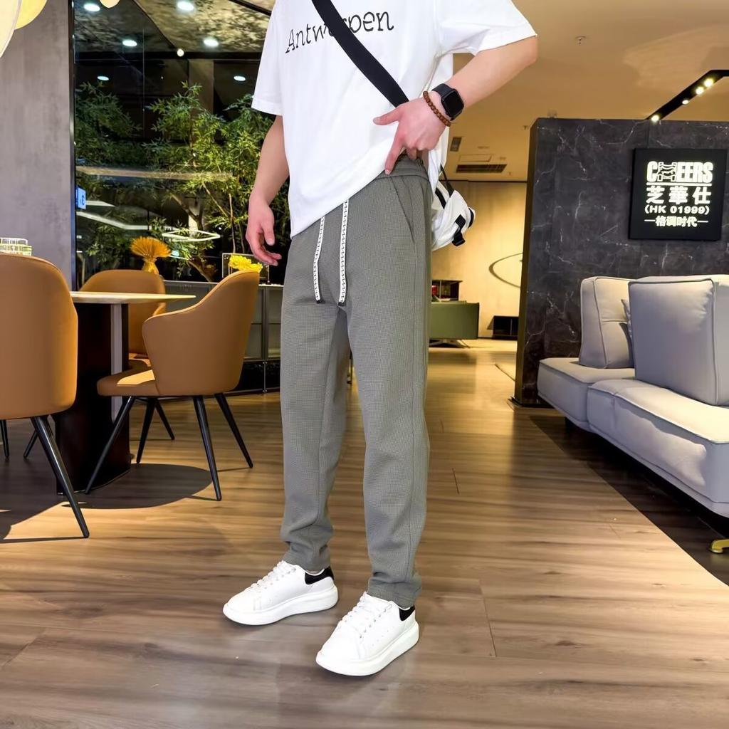 Spring and Summer Men's Fashion Casual Pants New Waffle Straight Simple Loose Solid Color Trousers Trend Casual Versatile