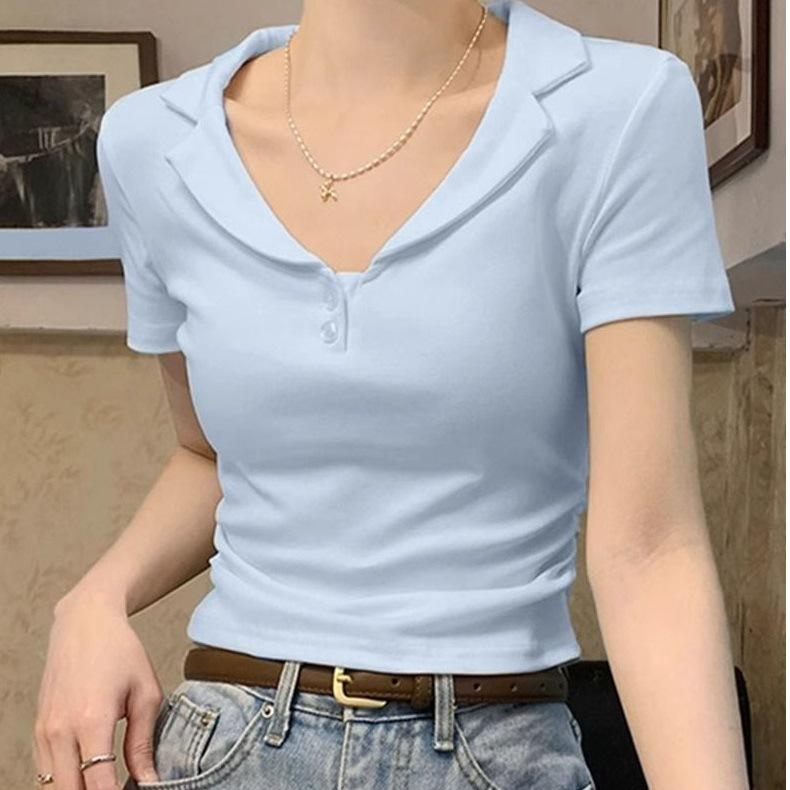 Cotton Ribbed V-neck POLO Shirt Short-sleeved T-shirt Women's Summer Slim Fit with Short Pleated Waist Half-sleeved Top Tide