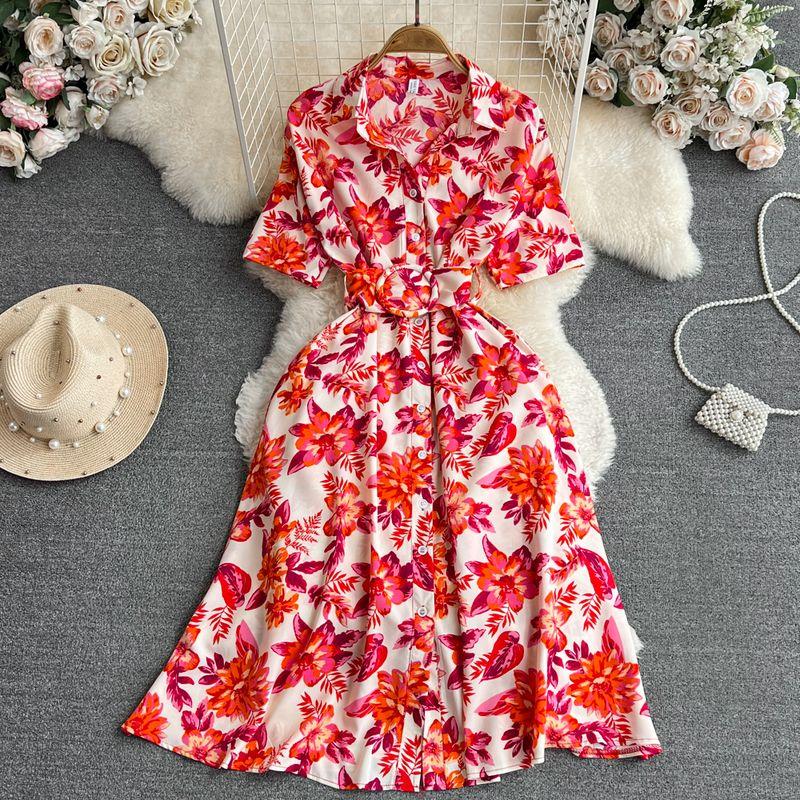 

Accessible Luxury 2024 Summer Waist Trimming Printing Dress Short Sleeve Apricot bottom red flower All yards
