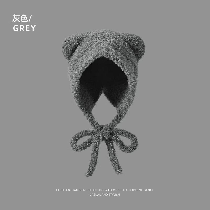 Autumn and winter cute bear female plush headgear warm face small knitted wool hat big head circumference ear protection hat