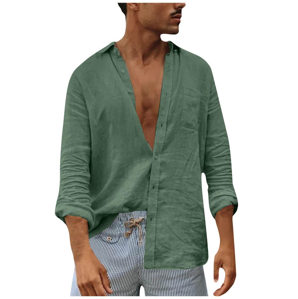 Men's Spring And Loose Casual Cotton Linen Shirt Long Sleeve Shirt Top Button Blouse