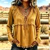 Women's Casual V-Neck Long Sleeve Color Cotton Linen Blouse for Everyday Wear