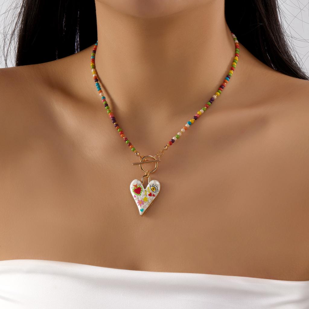 Y2K Colorful Summer Beach Beaded Choker Necklace for Women Heart Pendant Trendy Front Toggle Clasp Dopamine Party Jewelry Gift